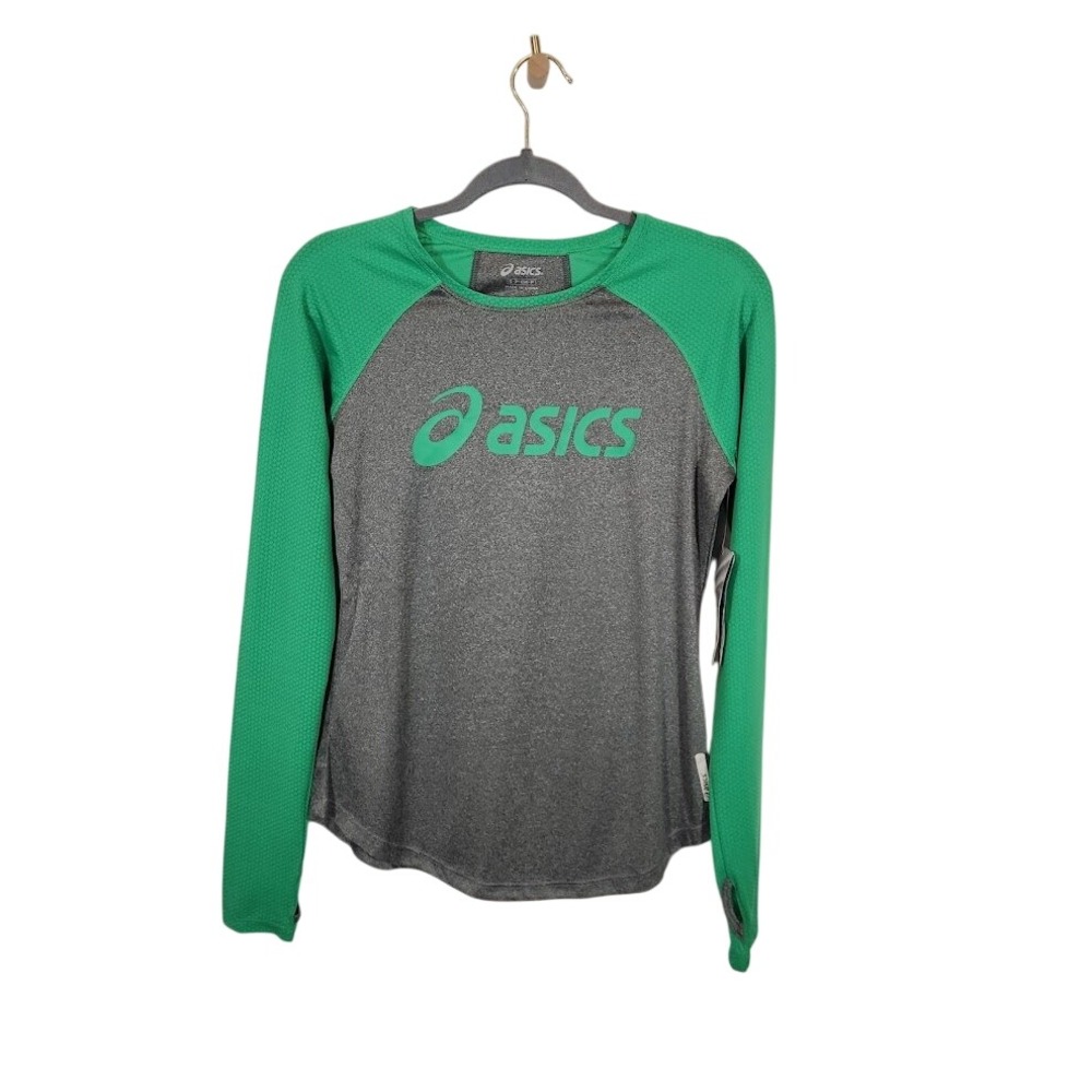 Asics Men's Long Sleeve Running Shirt Top Green Gray Athletic Activewear - Small
